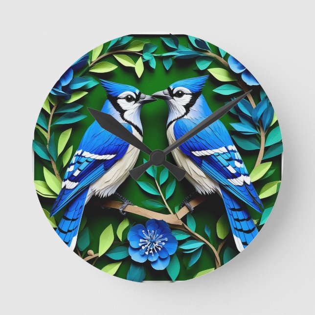 Blue Jay Birds Paper Art Round Clock (Front)