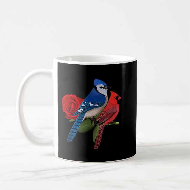 Blue Jay Cardinal Bird Valentine's Day Rose Birdlo Coffee Mug (Left)