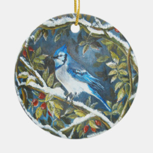 Blue jay ceramic ornament