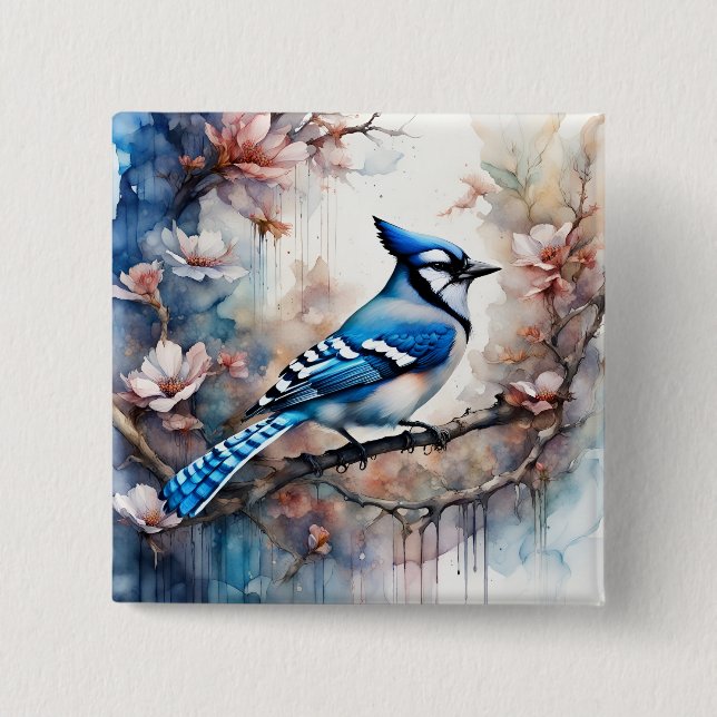 Blue Jay Cherry Blossoms watercolor 15 Cm Square Badge (Front)