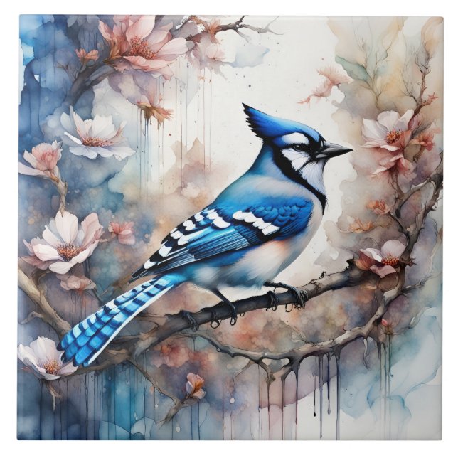 Blue Jay Cherry Blossoms watercolor Ceramic Tile (Front)