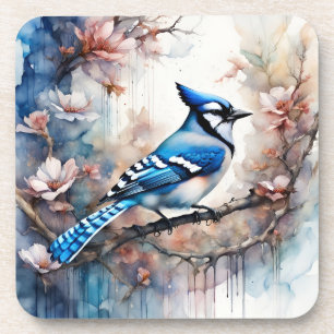 Blue Jay Cherry Blossoms watercolor Coaster