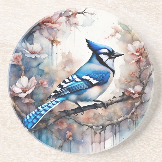 Blue Jay Cherry Blossoms watercolor Coaster (Front)