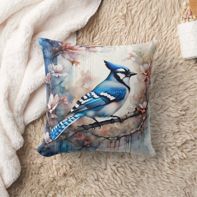 Blue Jay Cherry Blossoms watercolor Cushion (Blanket)