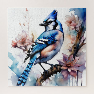 Blue Jay Cherry Blossoms watercolor Jigsaw Puzzle