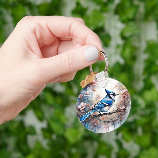 Blue Jay Cherry Blossoms watercolor Key Ring (Hand)