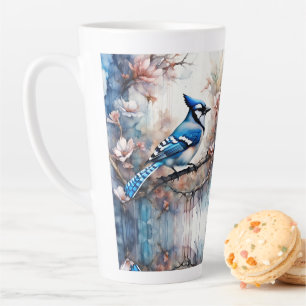 Blue Jay Cherry Blossoms watercolor Latte Mug