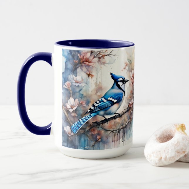 Blue Jay Cherry Blossoms watercolor Mug (With Donut)
