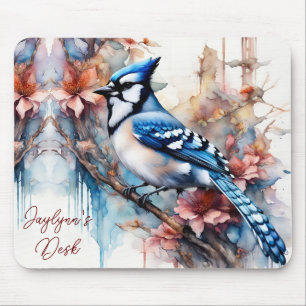 Blue Jay Cherry Blossoms watercolor *Personalise* Mouse Pad