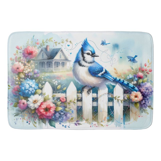 Blue Jay Cottage Garden Fence Scene Bath Mat (Front)