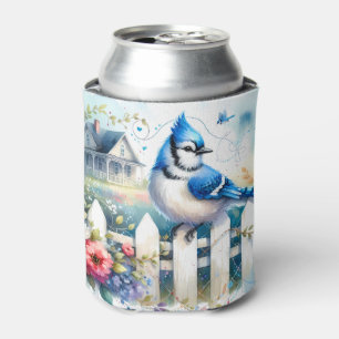 Blue Jay Cottage Garden Fence Scene Can Cooler