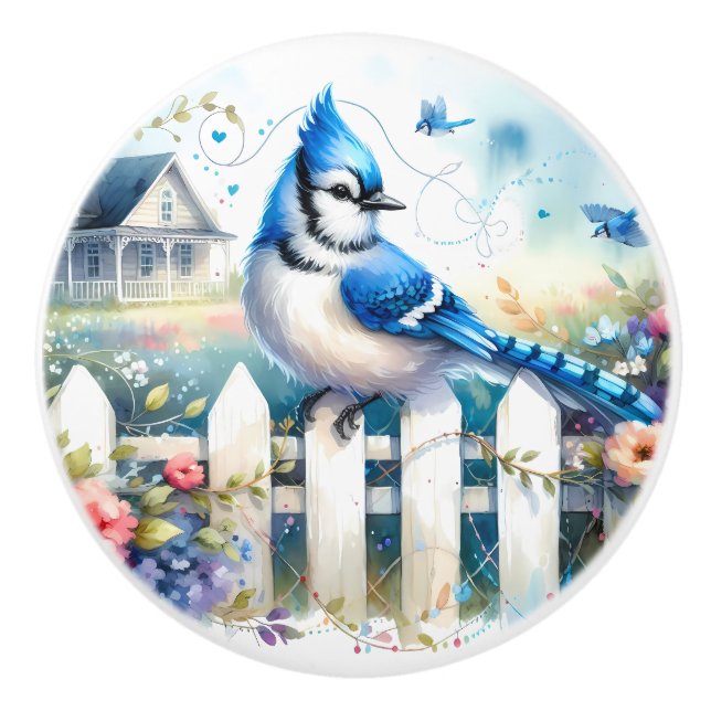 Blue Jay Cottage Garden Fence Scene Ceramic Knob (Front)