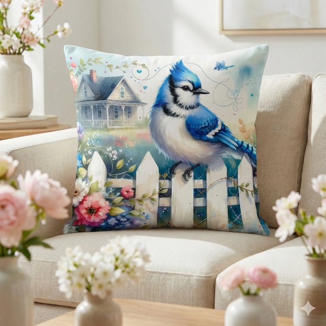 Blue Jay Cottage Garden Fence Scene Cushion (Blue Jay Cottage Garden Fence Scene Throw Pillow Mockup A)