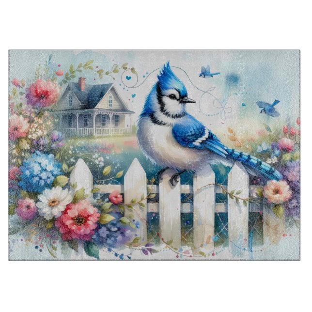 Blue Jay Cottage Garden Fence Scene Cutting Board (Front)