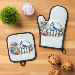 Blue Jay Cottage Garden Fence Scene Oven Mitt & Pot Holder Set