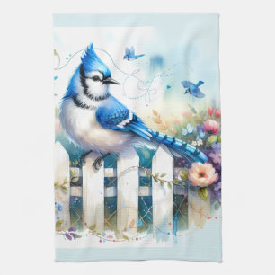 Blue Jay Cottage Garden Fence Scene Tea Towel