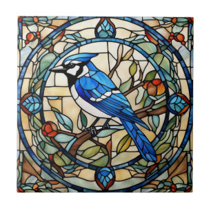 Blue Jay Faux Stained Glass Bluejay Bird Ceramic Tile