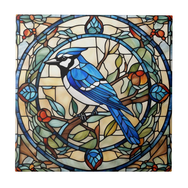 Blue Jay Faux Stained Glass Bluejay Bird Ceramic Tile (Front)