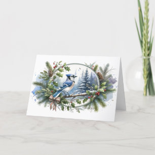 Blue Jay Forest Holly Berries Evergreens Pinecones Holiday Card