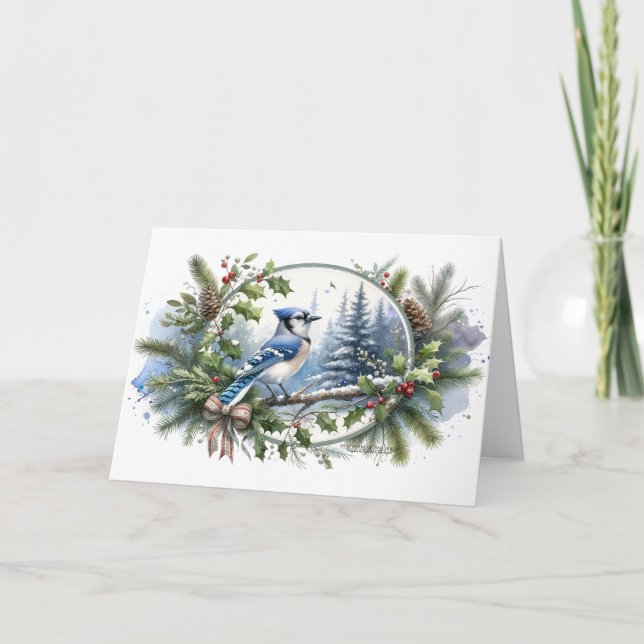 Blue Jay Forest Holly Berries Evergreens Pinecones Holiday Card (Front)