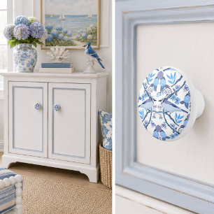 Blue Jay Hydrangea Botanical Decorative Ceramic Knob