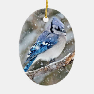 Blue Jay in a Snowstorm Ceramic Ornament