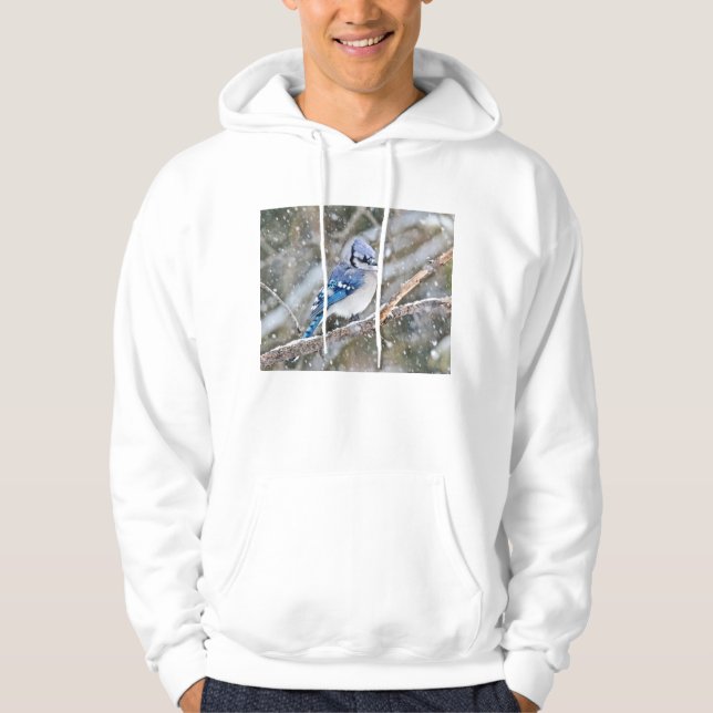 Blue Jay in a Snowstorm Hoodie (Front)