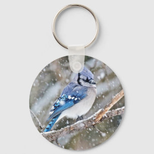Blue Jay in a Snowstorm Key Ring