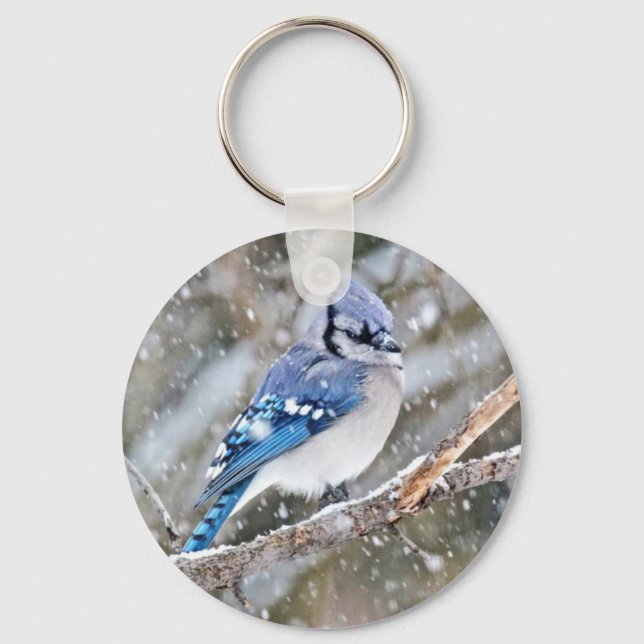 Blue Jay in a Snowstorm Key Ring (Front)