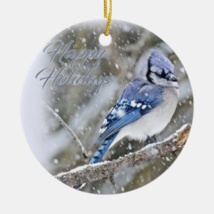 Blue Jay in Snow Christmas Holiday Ceramic Ornament
