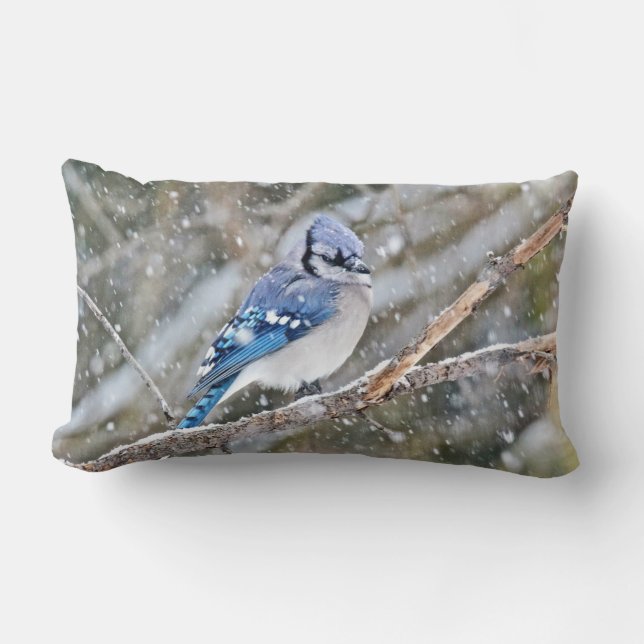 Blue Jay in Snowstorm Lumbar Cushion (Front)