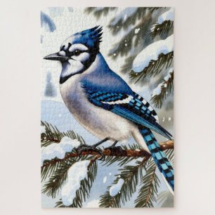 Blue Jay in Snowy Pines Watercolor Winter Jigsaw Puzzle