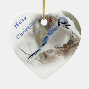 Blue Jay in Winter Snow Ceramic Ornament