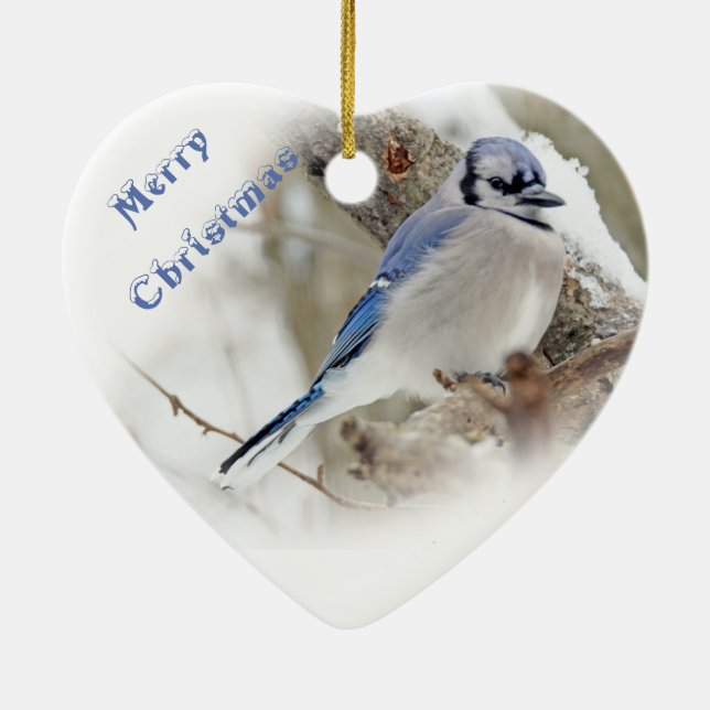 Blue Jay in Winter Snow Ceramic Ornament (Back)
