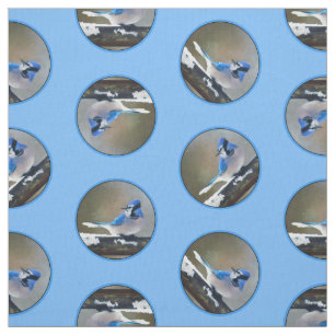 Blue Jay in Winter Snow Painting Original Bird Art Fabric