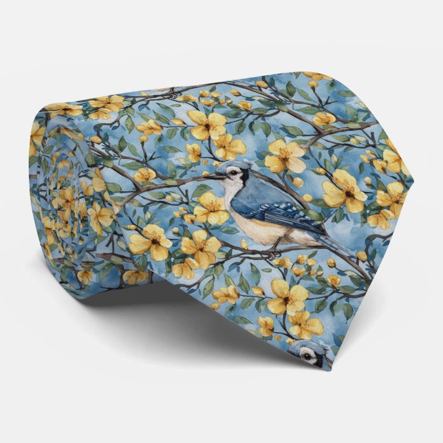 Blue Jay In Yellow Blossoms Tie (Rolled)