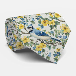 Blue Jay In Yellow Blossoms Tie