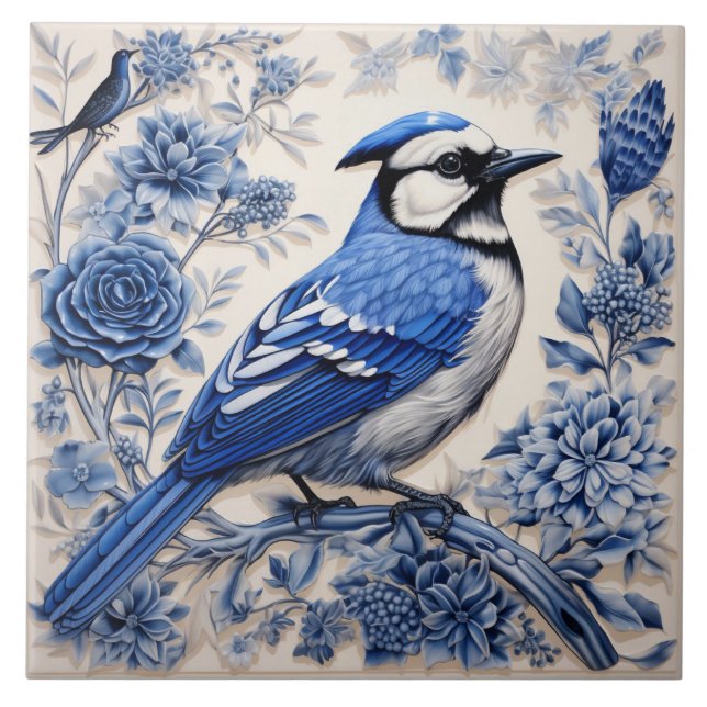 Blue Jay Inspired Bird with Blue Blossoms Ceramic Tile (Front)