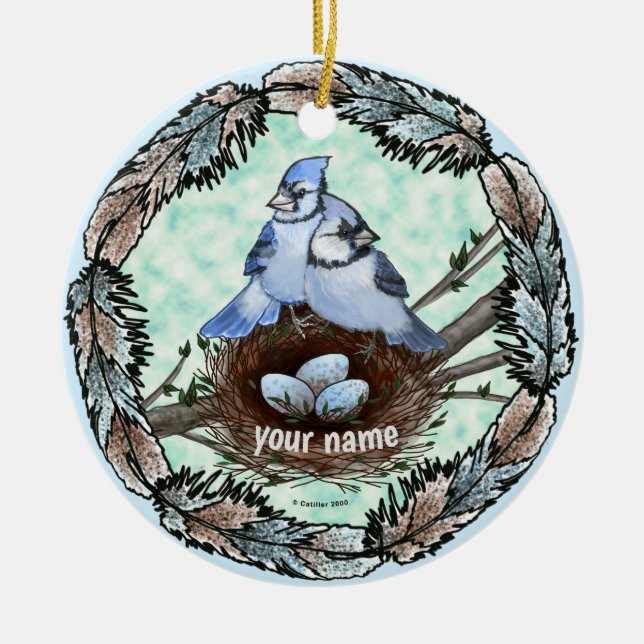 Blue Jay Nest  Ceramic Ornament (Front)