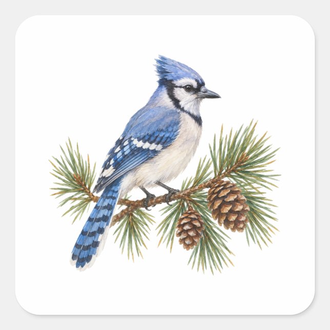 Blue Jay on a Pine Branch Square Sticker (Front)