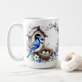 Blue Jay on Birdhouse – Floral Pastel Illustration Coffee Mug