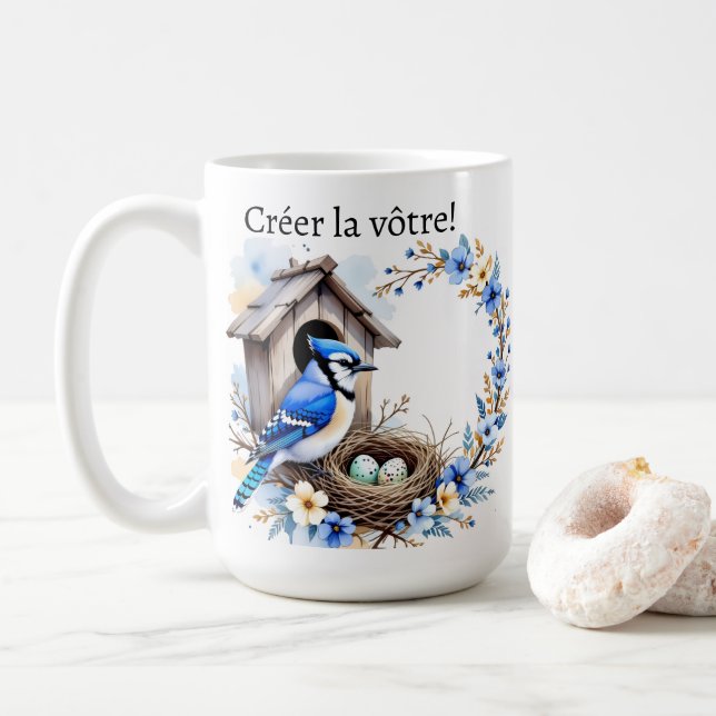 Blue Jay on Birdhouse – Floral Pastel Illustration Coffee Mug (With Donut)