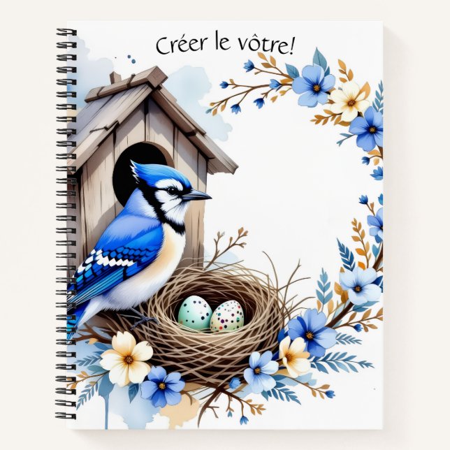 Blue Jay on Birdhouse – Floral Pastel Illustration Notebook (Front)