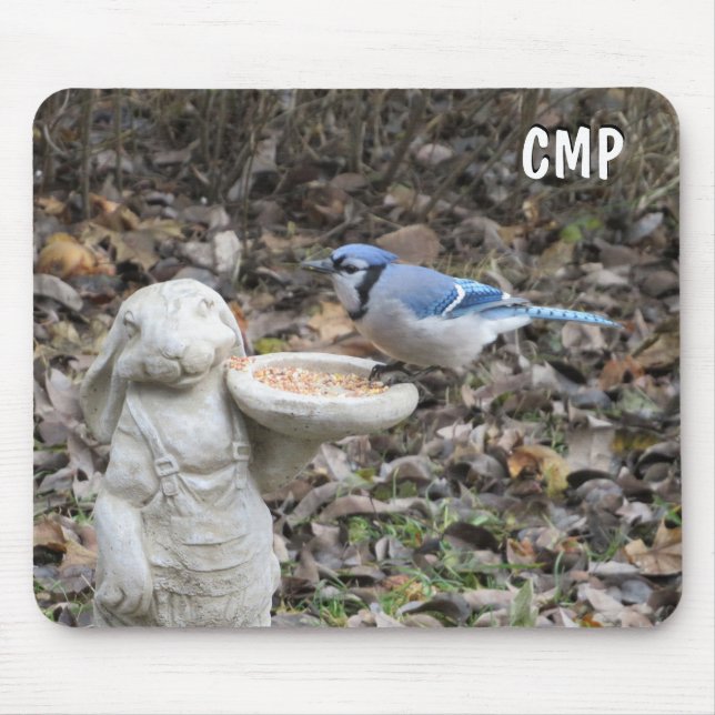 Blue Jay on Cute Rabbit Bird Feeder Mouse Pad (Front)