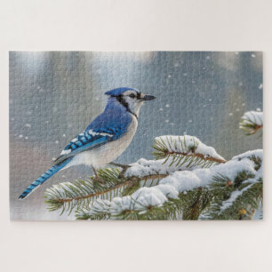 Blue Jay on Snowy Pine Branch Jigsaw Puzzle