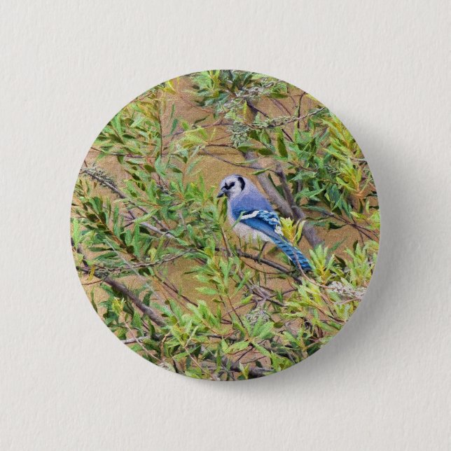 Blue Jay on Southern Wax Myrtle 6 Cm Round Badge (Front)