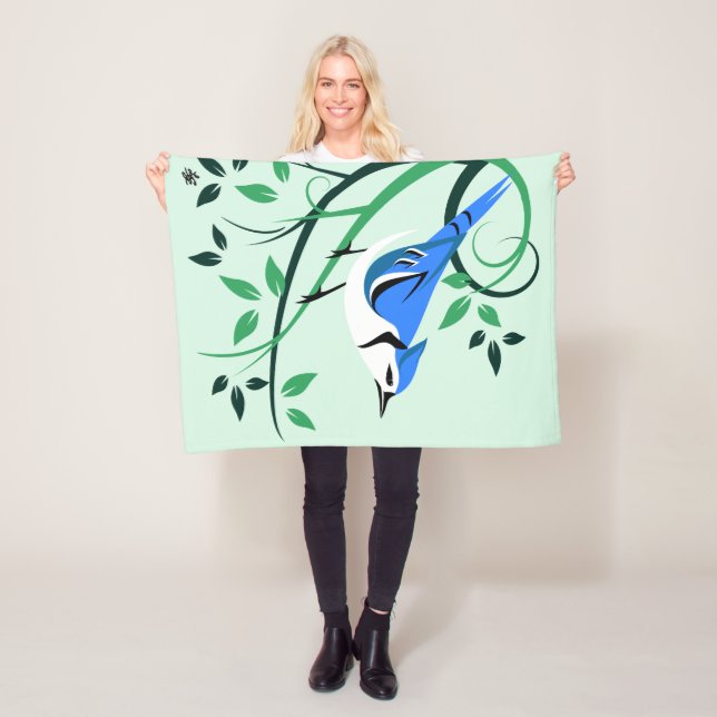 Blue Jay On Swirl Tree Branch Fleece Blanket (In Situ)