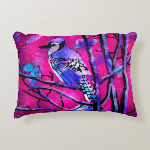 Blue Jay on Tree Branches Abstract Art Pink Decorative Cushion