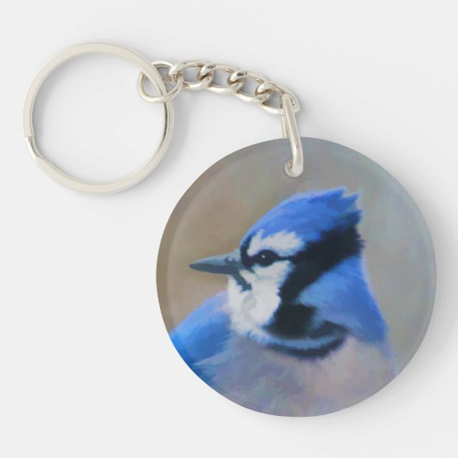 Blue Jay Painting - Original Bird Art Key Ring (Front)