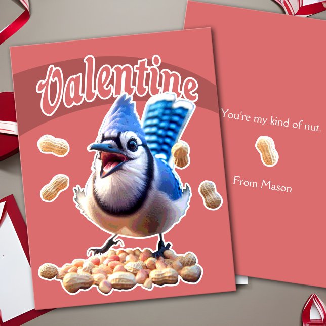 Blue Jay Peanuts Funny Crazy Kids School Valentine Holiday Postcard (Funny Blue Jay Peanuts Valentine card, funny animal postcard for kids classroom exchange. Crazy bird)